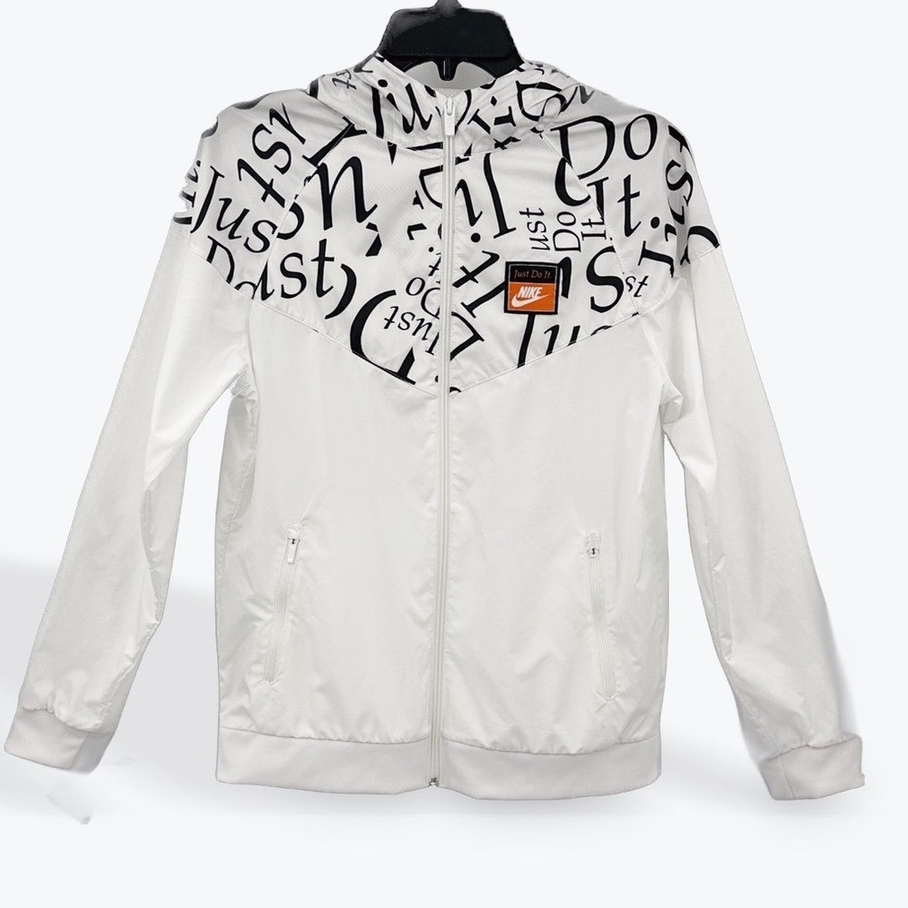 Nike Windrunner Jacket Women XL White Black Just Do It Print Full Zip Hooded